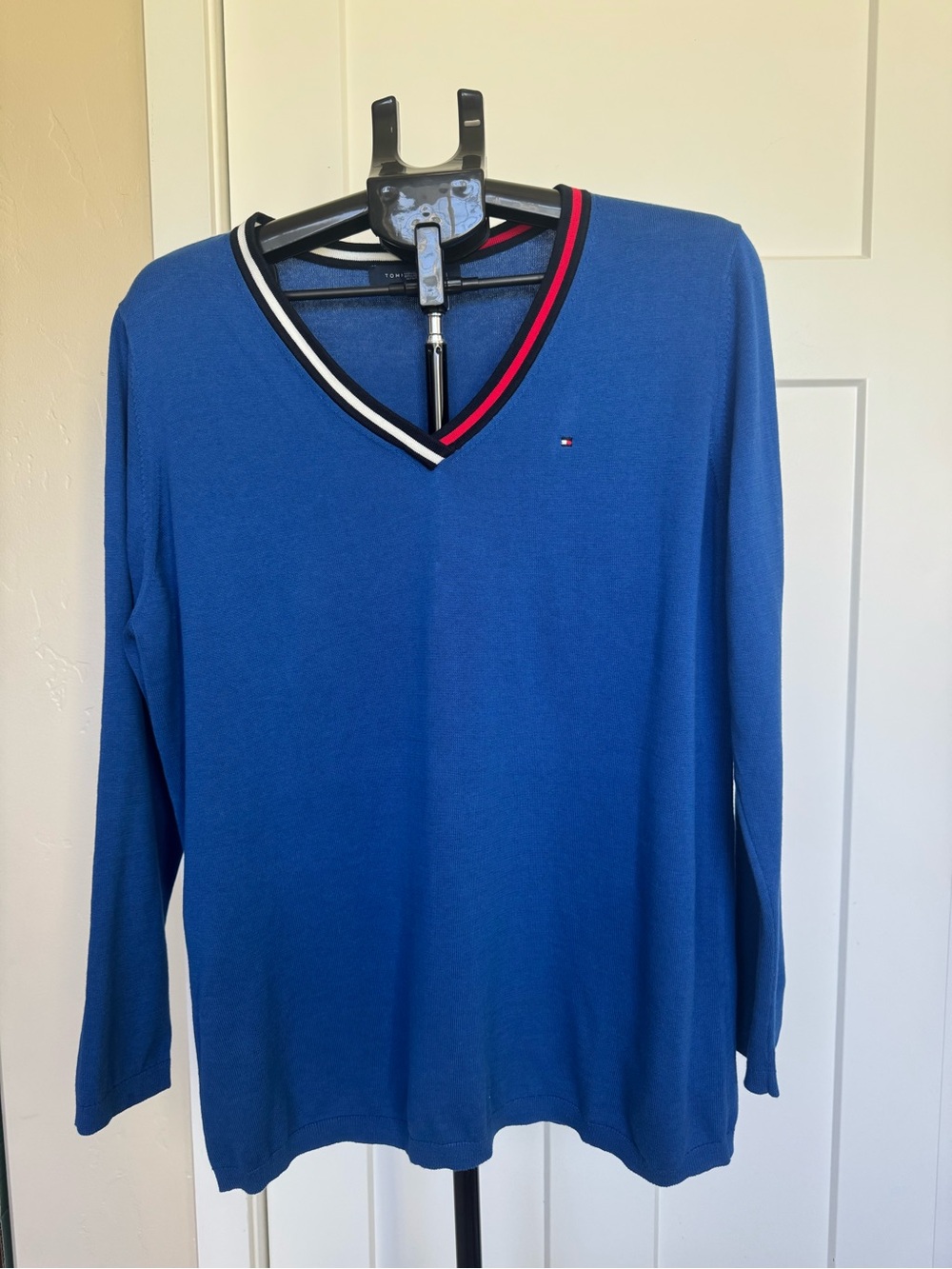 Tommy Hilfiger Blue V-Neck Sweater with Red & White Trim